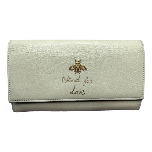 GUCCI Blind for Love Animalier Bifold Wallet Cream Off White Leather Gold Bee - Picture 1 of 15